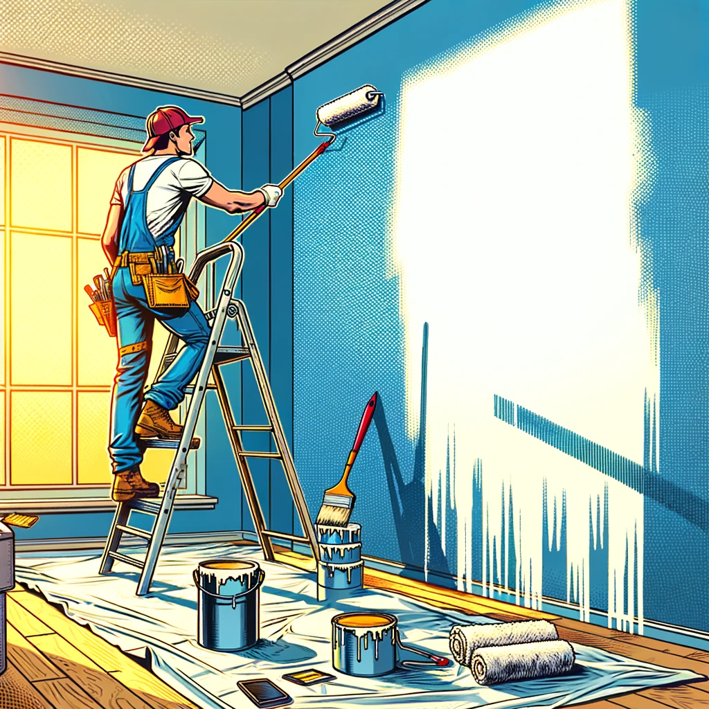 A not so realistic image of a comic style painter, painting a wall with a roller. However, the climbing up and down a ladder is a hassle, that's what we want to point out.