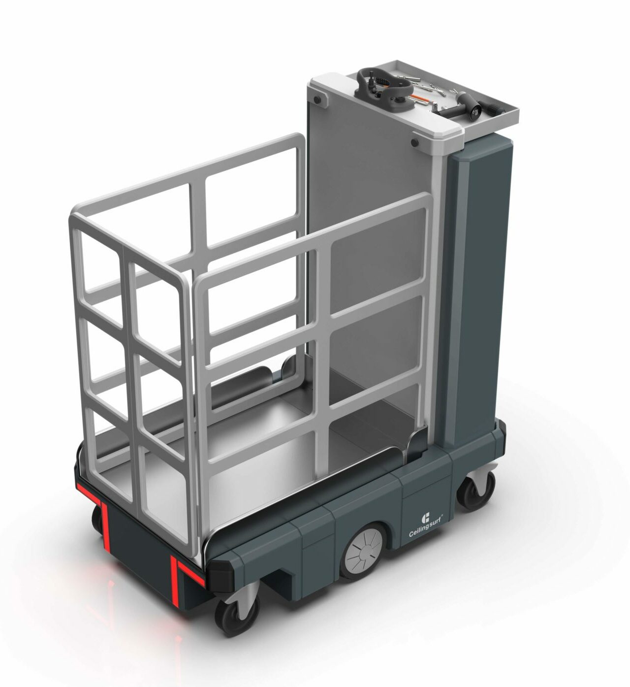 CSP Ceilingsurf cmf3 Ceilingsurf One - Autonomous mobile lifting platform with a metal cage frame on wheels, designed to transport goods.