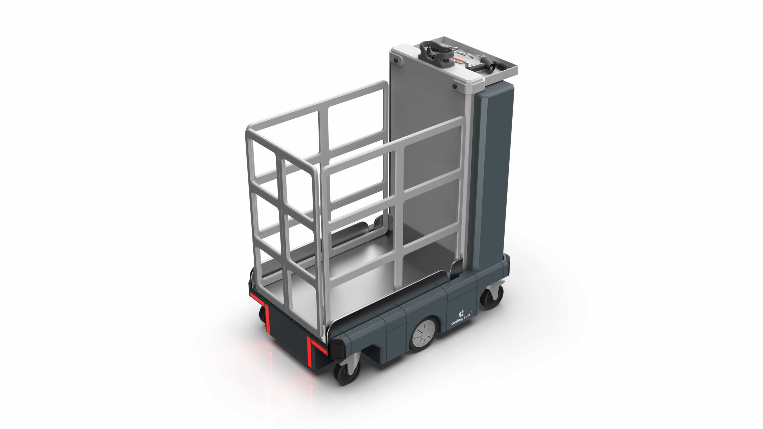 CSP Ceilingsurf cmf3 Ceilingsurf One - Autonomous mobile lifting platform with a metal cage frame on wheels, designed to transport goods.